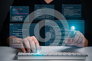 Hands typing on laptop with programming code on screen, representing software development. Perfect for coding, IT solutions,