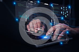 Hands typing on laptop with programming code on screen, software development. coding, IT solutions, digital technology, web