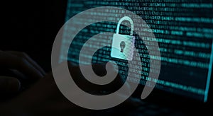 Hands Typing on Laptop Screen with Glowing Digital Padlock and Binary Code for Cybersecurity