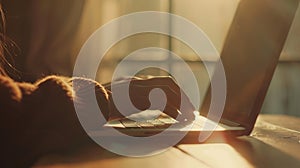 Woman's hands typing laptop.AI generated image