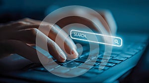 Hands typing on a modern keyboard with a glowing digital search bar hovering above the keys in a dark, technology-focused