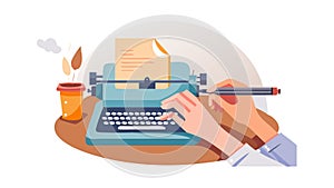 Hands typing on an old-fashioned blue typewriter: creative writing, vector design Generative AI