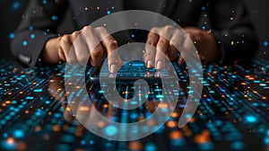 Hands Typing on Smartphone with Digital Data Overlay