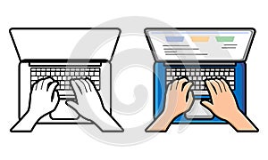 Hands typing text on the laptop keyboard coloring page for kids