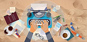 Hands Typing Text Writer Author Blog Typewrite Wooden Texture Desk Top Angle View