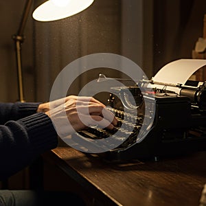 Hands typing on a vintage typewriter with a piece of paper inserted. The typewriter is