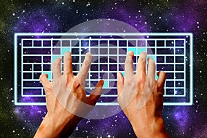 Hands typing on virtual keyboard universe and stars background.