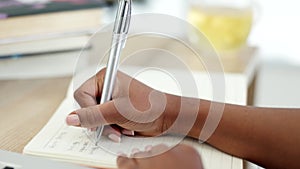 Hands typing, writing and computer research for study exam, test or report for university or school. Scholarship student