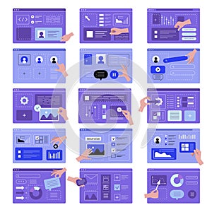 Hands ui programming. Designers creating app interfaces web templates marketing set recent vector illustrations uix