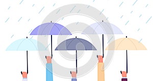 Hands with umbrellas. Rain storm, flood in city. Business safety or insurance metaphor. Life protection, autumn rainy