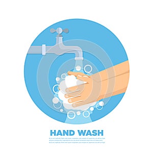 Hands under falling water out of tap. Man washes hands. Flat style