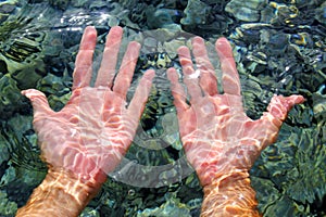 Hands underwater river water wavy distorted