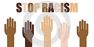Hands up anti racism vector banner. black lives matter. stop racist. racial diversity race concept. together against racial