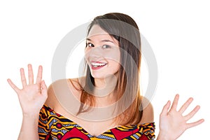 Hands up beauty smiling young woman portrait fun and happy