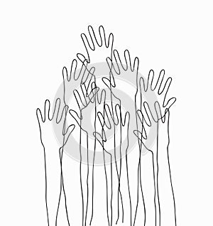 Hands up concert. Monochrome cartoon silhouette hands raised up in the air. Suitable for posters, flyers, banners.Vector