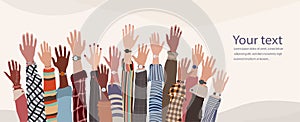 Hands up group of people of diverse culture. Diversity people. Volunteers. Racial equality. Concept of teamwork community. Banner