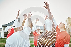 Hands up, motivation or baseball people in huddle with support, hope or faith on sports field in game together. Teamwork