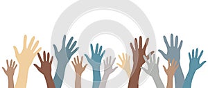 Hands up pale color silhouettes raised up vector set banner. Multinational international concept of team, volunteer