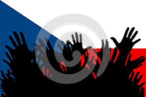 Hands up silhouettes on a Czech flag. Crowd of fans of soccer, games, cheerful people at a party. Vector banner, card, poster