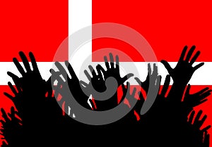 Hands up silhouettes on a Denmark flag. Crowd of fans of soccer, games, cheerful people at a party. Vector banner, card, poster