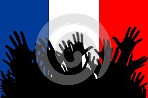 Hands up silhouettes on a France flag. Crowd of fans of soccer, games, cheerful people at a party. Vector banner, card, poster
