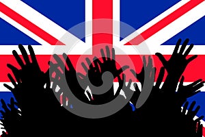 Hands up silhouettes on a Great Britain flag. Crowd of fans of soccer, games, cheerful people at a party. Vector banner, card,