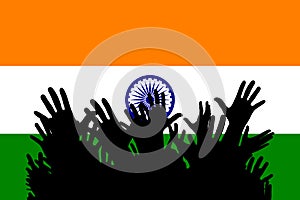 Hands up silhouettes on a India flag. Crowd of fans of soccer, games, cheerful people at a party. Vector banner, card, poster