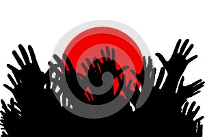 Hands up silhouettes on a Japan flag. Crowd of fans of soccer, games, cheerful people at a party. Vector banner, card, poster