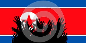 Hands up silhouettes on a North Korea flag. Crowd of fans of soccer, games, cheerful people at a party. Vector banner, card,