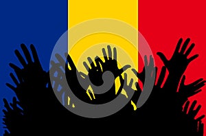 Hands up silhouettes on a Romania flag. Crowd of fans of soccer, games, cheerful people at a party. Vector banner, card, poster