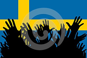 Hands up silhouettes on a Sweden flag. Crowd of fans of soccer, games, cheerful people at a party. Vector banner, card, poster