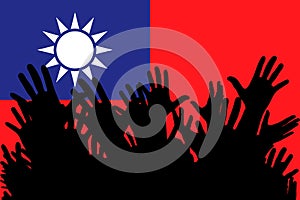 Hands up silhouettes on a Taiwan flag. Crowd of fans of soccer, games, cheerful people at a party. Vector banner, card, poster