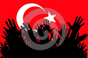 Hands up silhouettes on a Turkey flag. Crowd of fans of soccer, games, cheerful people at a party. Vector banner, card, poster