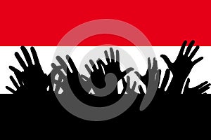 Hands up silhouettes on a Yemen flag. Crowd of fans of soccer, games, cheerful people at a party. Vector banner, card, poster