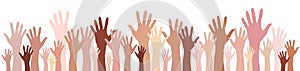 Hands up skin tone silhouettes raised up vector set banner. Multinational international concept of team, volunteer, vote