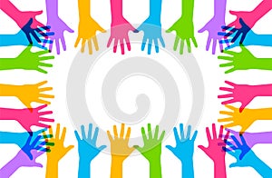 Hands up. Vector isolated illustation. Raised vector colored hands. Volunteering education business concept