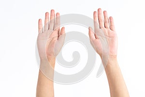 Hands up on white background