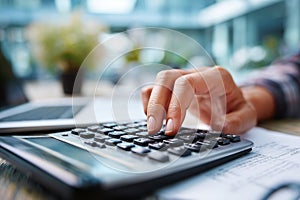 Hands using calculator for financial data Ai photo