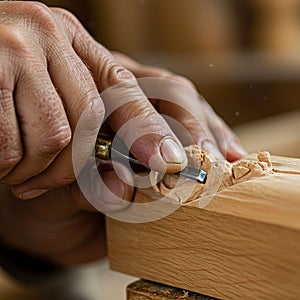Hands using a chisel to carve a detailed pattern into a block of wood. The chisel's