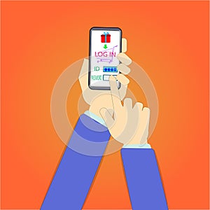 Hands are using a mobile phone to verify their log in credentials. To continue â€“ vector concept