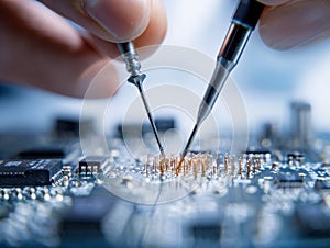 Hands using precision probes to test and analyze electronic components on a circuit board for quality control and troubleshooting