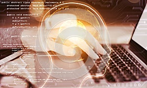 Hands using programming notebook