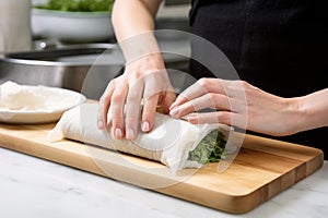 hands using a roller to flatten a dumpling wrap