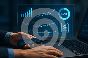 Hands using smartphone and laptop with financial data interface