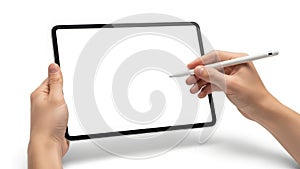 Hands using a stylus on a digital tablet