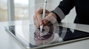 Hands using stylus on tablet checklist: Clean, modern digital task management