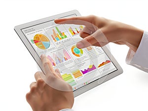 Hands Using Tablet with Colorful Data Charts
