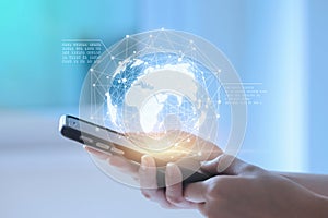 Hands using telephone device display business data. Mobile Technology concept.