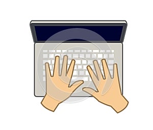 Hands using typing laptop keyboard top view