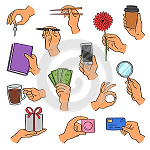 Hands vector arm holding smartphone or coffee cup and fingers showing creditcards or gifts illustration set of hand with